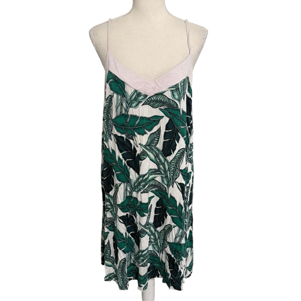 Soma White Slip Dress with Green Leaf Print and Pale Trim